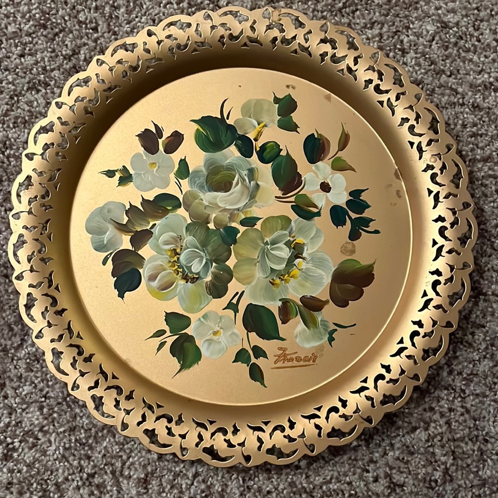 Vintage Nashco Tole Hand-Painter Gold w/Flowers Easter Spring Tray
